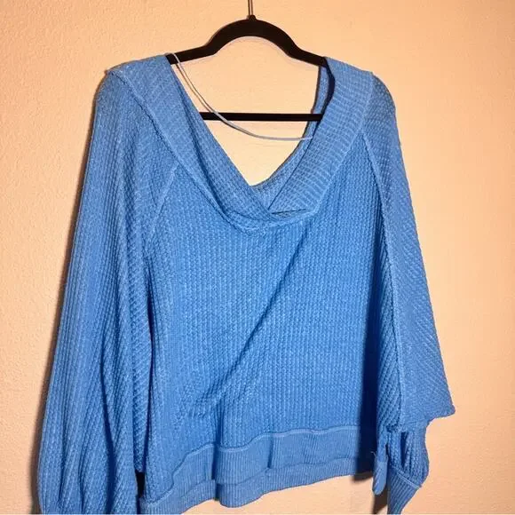 Free People Blue Westend Thermal Top Blouse Womens S Oversized Boho Fall Sweater - Picture 7 of 11
